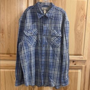 Duluth Trading Co Burleyweight Men's Blue Gray Cotton Plaid Relaxed Shirt Sz 2XL